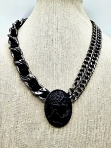 Thick Double Curb Chain Necklace Silver Toned Tie Ribbon Black Oval Cameo Lady - Picture 1 of 6