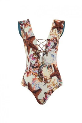 NUEVO Traje de baño Cosita Linda de una pieza reversible con cordones Seashell verde jad talla L Foto 1 de 4