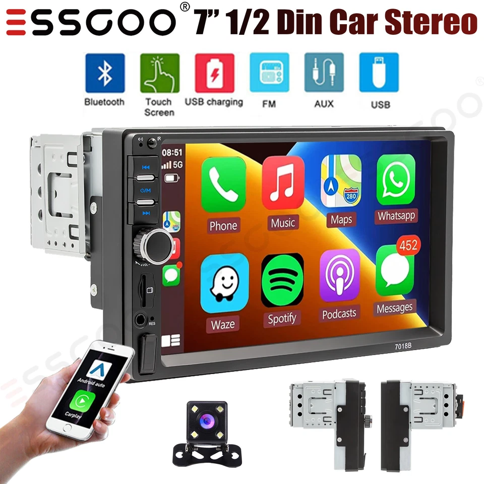 1 Din 7"Car Stereo Radio Touch Screen Apple CarPlay Android Auto BT USB+Camera - Image 1 of 4