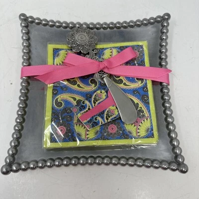 New Mudpie Beaded Metal Serving Plate Napkin Tray Flower Paisley Cheese Spreader - Image 1 of 4