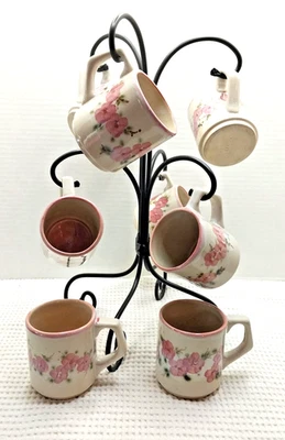 Tazas de café de gres floral verde flores de cerezo rosa pintadas a mano de colección 2x4 Foto 1 de 4