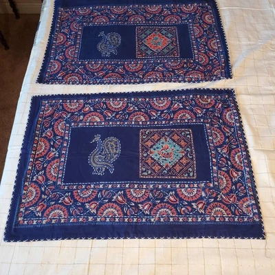 Fabulosas fundas de almohada estándar cosidas en la parte superior de algodón indio azul oscuro reversible  Foto 1 de 4