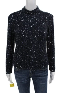 Insight Damen Pailletten hochgeschlossen Reißverschluss hinten Langarm Bluse Top Navy Größe M - Bild 1 von 7