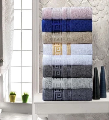 100% Cotton Towels Super Soft Absorbent 500 GSM with Viscose Greek Border - Image 1 of 3