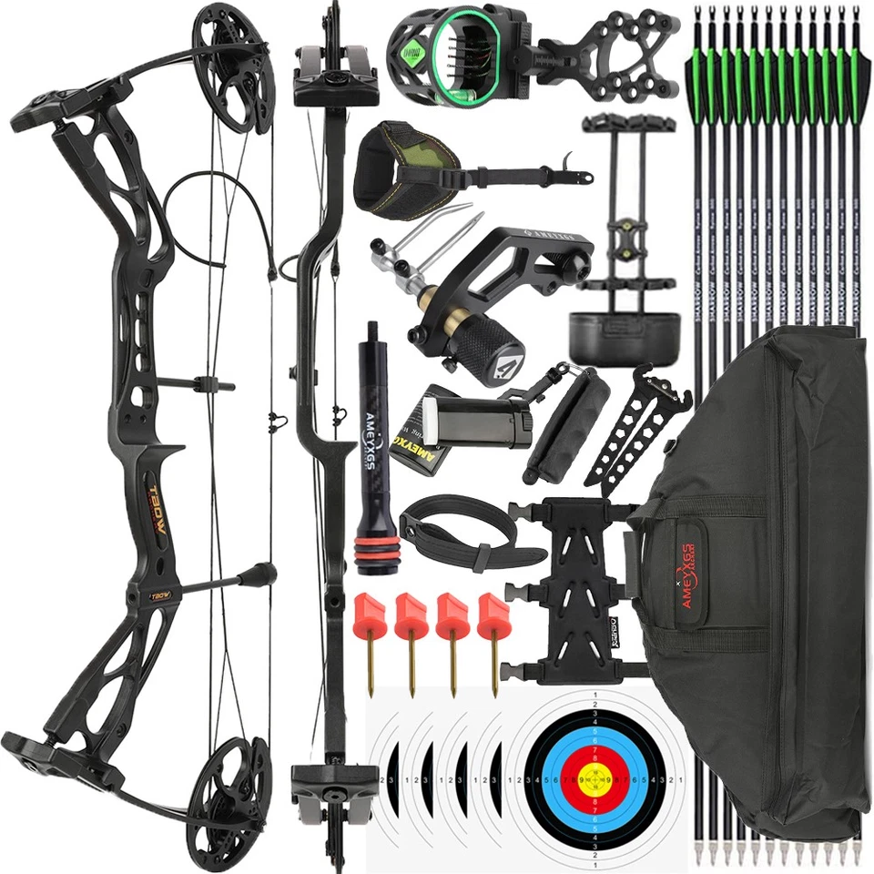 Compound Bow Pure Carbon Arrow Set 0-70lbs Adjustable Archery Bow Hunting 325fps - Image 1 of 4