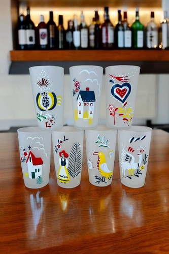 1950s Swanky Swig Frosted Pennsylvania Dutch Amish Bar Glasses Vintage Kitchen