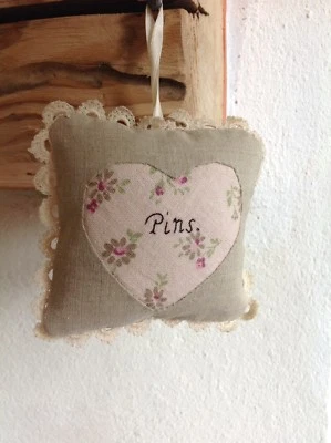 Pin cushion Linen Floral Pink Natural Hand Embroidered Lace Trim Red Gingham - Image 1 of 3