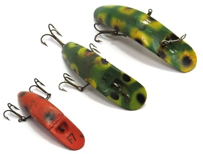 Señuelos de pesca Helin Flatfish vintage de plástico y madera Crankbait, lote de 3 Foto 1 de 4