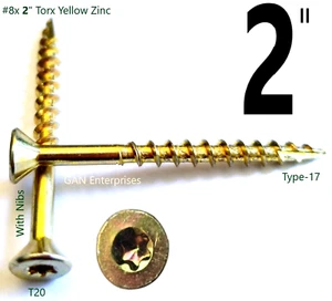 2" Torx T20 Star Flat Head W/Nibs Yellow Zinc Type 17 Outdoor Wood Screw, 45pcs - Picture 1 of 4