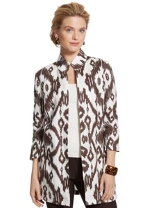 Chicos Linen Open Front Ikat Printed Jacket White & Brown Geometric Sz 3 - Picture 1 of 9