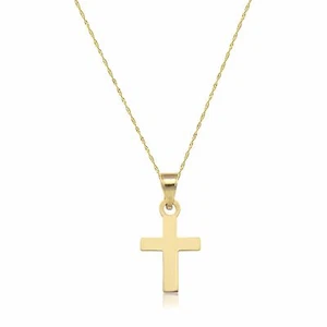 14K Solid Yellow Gold Cross Pendant Singapore Chain Necklace Set -Polished Charm - Picture 1 of 3