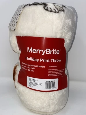MerryBrite Plush Throw Christmas Blanket Santa Hat Puppies 50in X 60in New! - Image 1 of 4