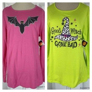 Halloween Women's T-Shirt M Whimsy Top Pink BAT OR Green WITCH HAT Long Sleeve - Picture 1 of 23