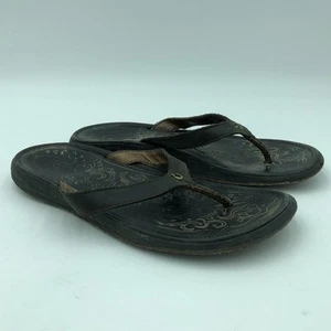 Sandalias chanclas Olukai Paniolo para mujer 9 negras de cuero bordado - Imagen 1 de 11