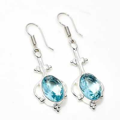 925 Sterling Silver Blue Topaz Gemstone Handmade Jewelry Earring Size-1.8" - Image 1 of 4