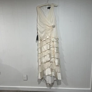 Tadashi Maxi Dress Size 12 Sun Crystal Brooch V Neck Silk Formal Gown - Picture 1 of 7