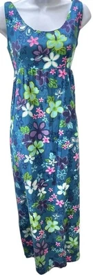 Vestido havaiano vintage anos 60 flor groovy P/M pano de casca maxi império cintura azul - Imagem 1 de 4