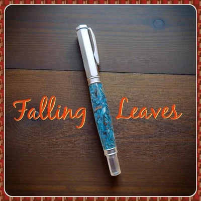 Handmade FALLING LEAVES Fountain Pen, Blue/Wood for Writers, Journalers, Gifts - Image 1 of 4