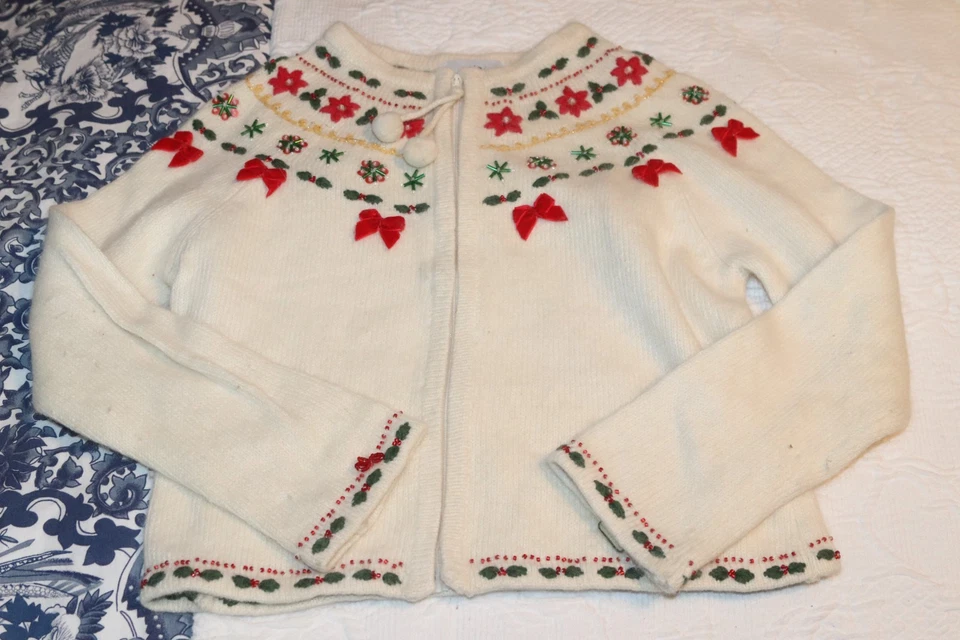 Cárdigan Hartstrings Vintage Niñas Talla 5/6 Vacaciones Navidad Cuentas-Terciopelo Arcos Foto 1 de 4