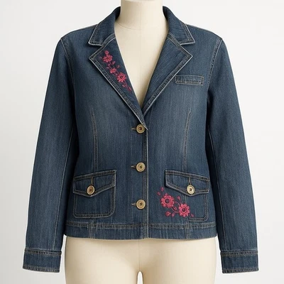 Vtg Ruff Hewn Denim Jean Jacket M Floral Embroidered Cottagecore Boho Indie Y2K - Image 1 of 4