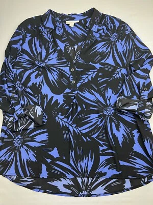 Túnica grande Dana Buchman para mujer talla L manga con lengüeta enrollable estampado floral de 1/4 botones Foto 1 de 4