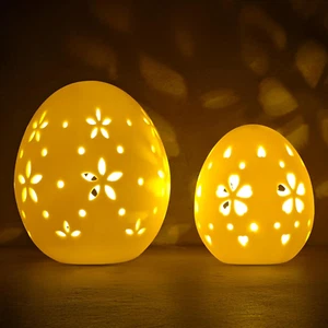 Easter Decorations: White Ceramic Lighted Easter Egg Set of 2, Farmhouse Rustic - Picture 1 of 12