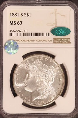 1881-S Morgan Dollar, NGC 67 CAC, Stunning white cartwheel. See condition below! - Image 1 of 4