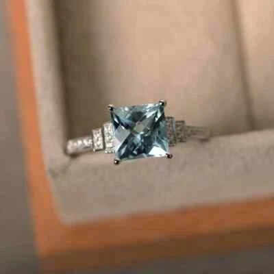 Alianza de diamantes aguamarina natural corte princesa 1,98 quilates oro blanco macizo 14K Foto 1 de 4