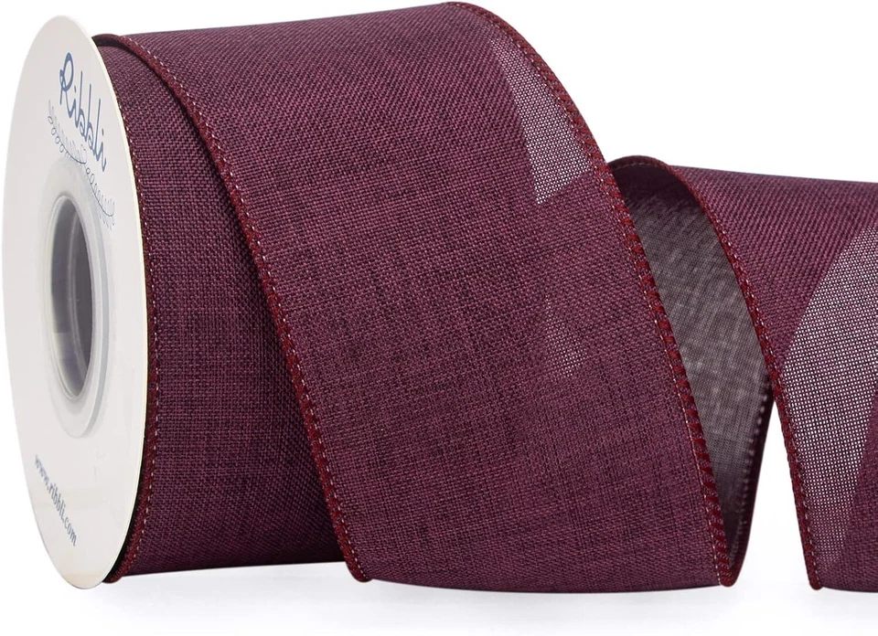 10 YD 2.5" Plum Faux Linen Ribbon Wired Deep Solid Purple - Image 1 of 1