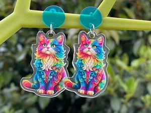 NEON cat EARRINGS cool laser cut rainbow kawaii fun cute quirky unusual gift fo - Picture 1 of 4