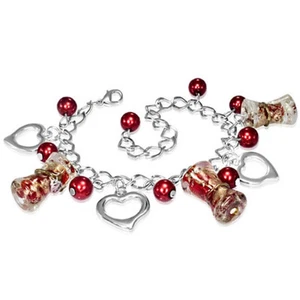 Charm Bracelet Red Gold Flower Glass Beads Pearls and Love Heart Charms * Boxed - Picture 1 of 3