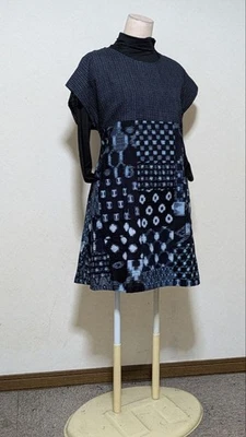 Indigo Kasuri Tunic Dress Vintage Kimono Remake Japanese Patchwork One Size - Image 1 of 4