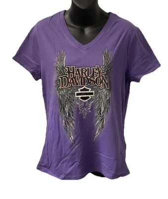 Harley Davidson Women's Pointed Wing Short Sleeve V-Neck T-Shirt Purple 3002738 - Image 1 of 2