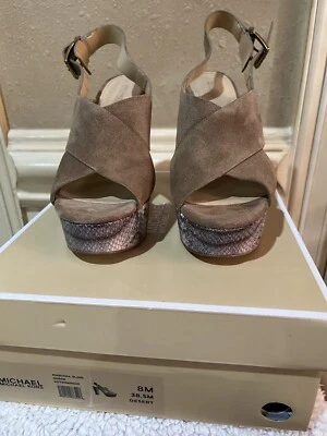PO Michael Kors Mariana  Suede & Snake Platform Sling-back Heels Sandals Sz 8 - Image 1 of 4