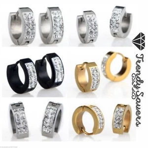 Pair Women Men Punk Rhinestones Crystal Titanium Steel Hoop Sleepers Earrings - Picture 1 of 12
