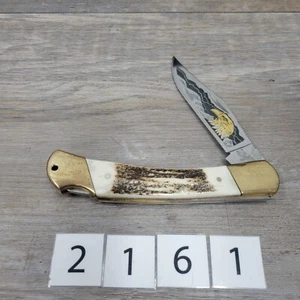 ROUGH RIDER STAG LOCKBACK FOLDING HUNTER POCKET KNIFE GOLD EAGLE - Picture 1 of 10