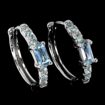 Orecchini In Argento Sterling 925 Ottagono Acquamarina 6x3mm Pietra Preziosa - Immagine 1 di 4