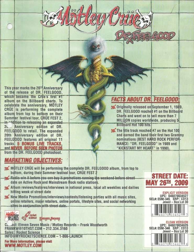 Póster de anuncio comercial promocional Motley Crue 2009 vintage para CD Dr. Feelgood como nuevo 8,5x11 Foto 1 de 1