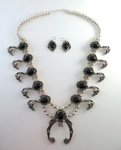 Quality Sterling Silver & Black Onyx Squash Blossom Necklace & Earrings Set - Picture 1 of 10