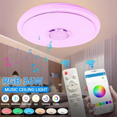 48W RGB LED Ceiling Light Round Bluetooth Music Speaker Bathroom Kitchen Lamp - Image 1 of 4