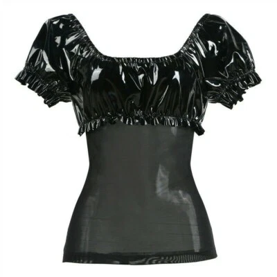 Women Ladies Sexy Gothic PVC Mesh Blouse Top Off Shoulder Club Punk Ruffle Black - Image 1 of 4