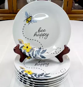 Royal Norfolk Bee Happy 7.5”Stoneware Appetizer Salad Saucer Plates-Set of 6-NEW - Picture 1 of 14