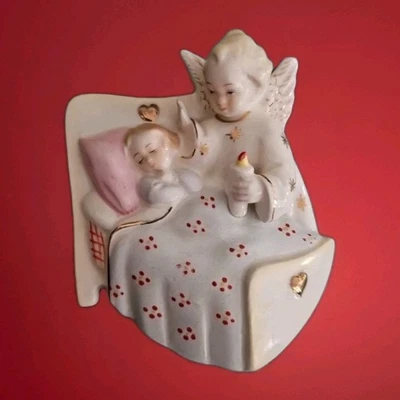 Estatuilla de ángel de la guarda de porcelana de cerámica vintage decoración de pared Foto 1 de 4