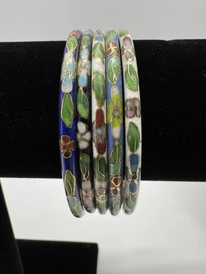 Juego de 5 Pulseras Cloisonne Florales Vintage Brazaletes Coloridos Esmaltados Florales Foto 1 de 4