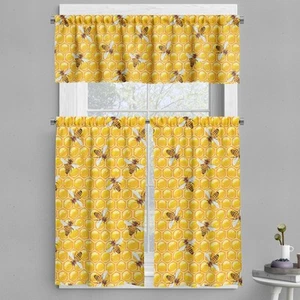 Bee Valance & Tier Curtain 3 pcs Set, Honeybees Working on Honeycomb Hard Wor... - Picture 1 of 7