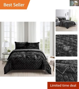 Stilvolles schwarzes King/Groß Samt Quilt Set - 3 Stück, maschinenwaschbar bequem - Bild 1 von 8