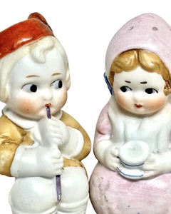 PAR DE SALEROS Y PIMENTEROS VINTAGE NIÑA CON TAZA NIÑO CON PAJITA CERÁMICA JAPÓN - Imagen 1 de 6