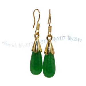 8x20mm Natural Green Jade Drop Dangle Gold Plated Hook Earrings Women Jewelry