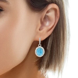 Larimar AAA 8X10mm Ohrringe mit weißen Saphir Akzenten .925 Sterling Silber - Bild 1 von 3