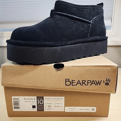 Botas de invierno Bearpaw retro de gamuza negra con plataforma súper cortas para mujer talla 8 nuevas en caja Foto 1 de 4